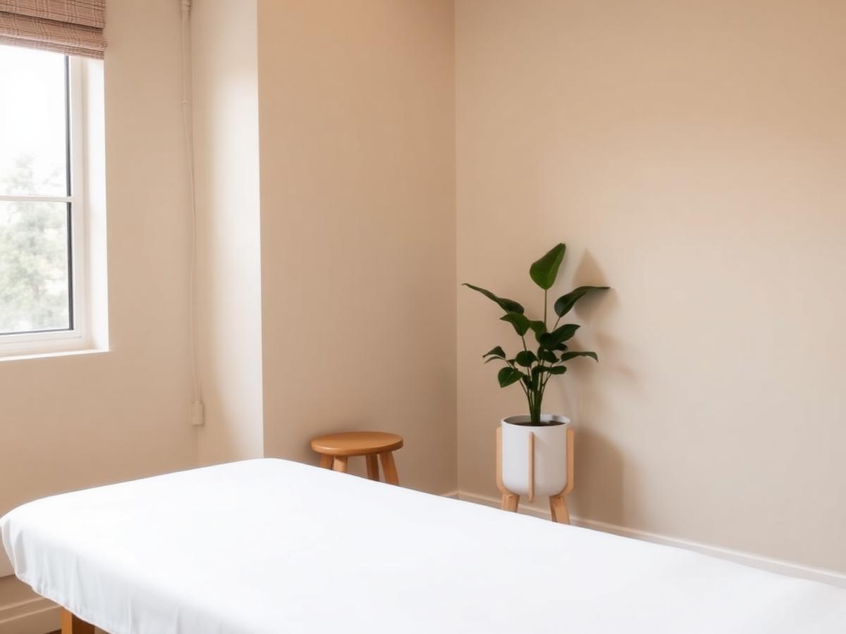 Quiet allied health treatment room with a made up massage table