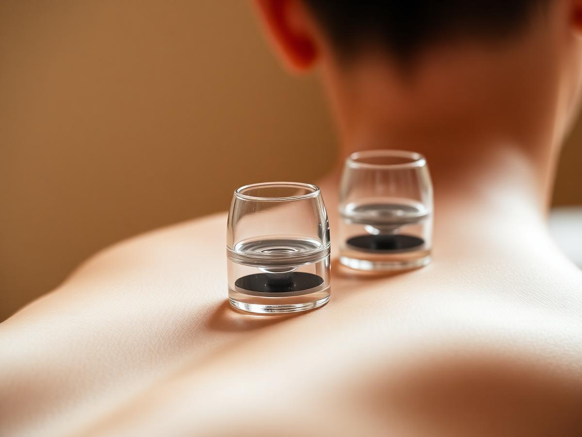 Cupping therapy with glass cups placed along the upper back, illustrating cupping