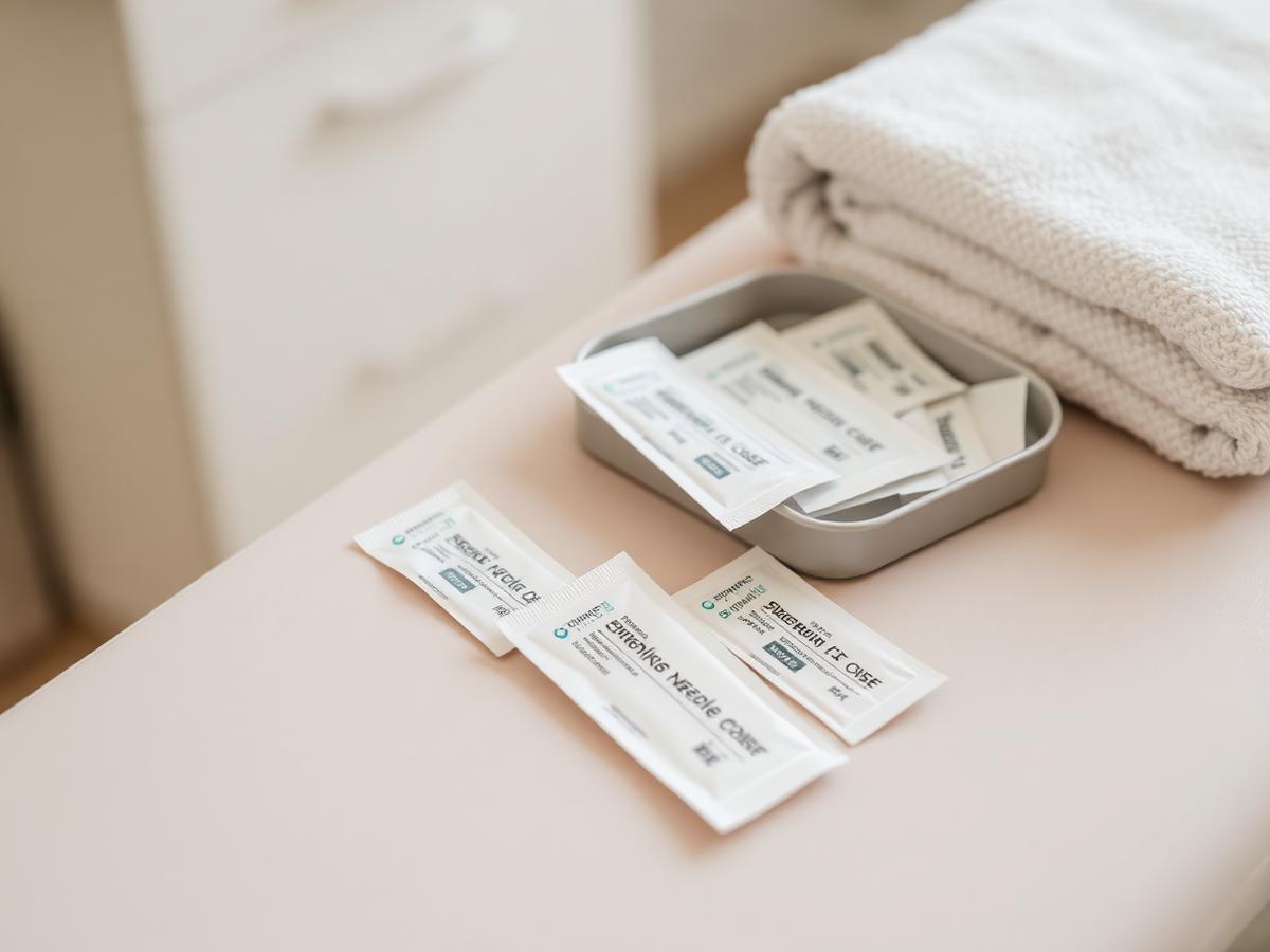 Sterile single use dry needling needles set out on a clean treatment bench, illustrating dry needling