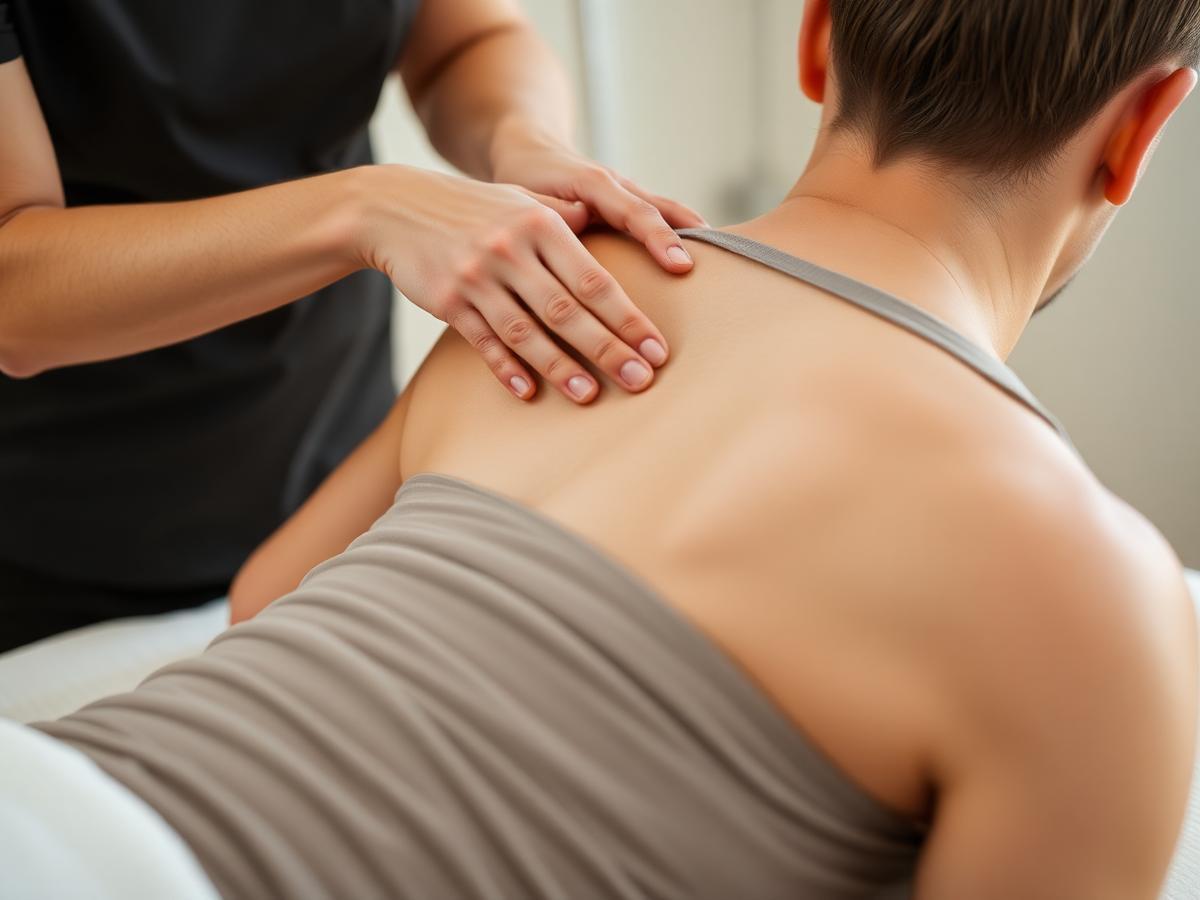 Close up of hands on remedial massage pressure through the upper back