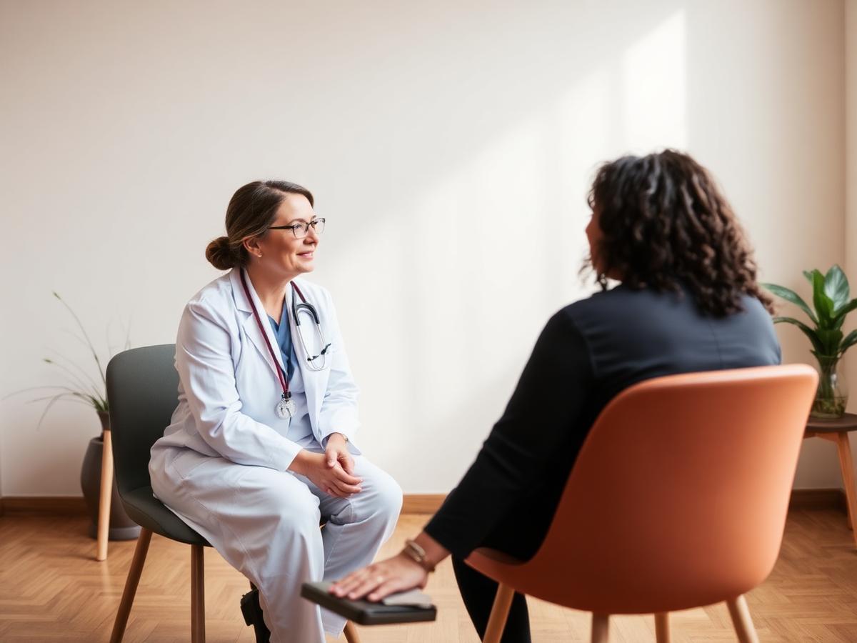 Practitioner talking through an assessment with a client before treatment, relevant to fibromyalgia care