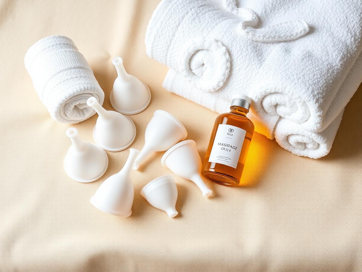 Massage cups, rolled towels and massage oil laid out ready for a treatment, illustrating structural & functional taping